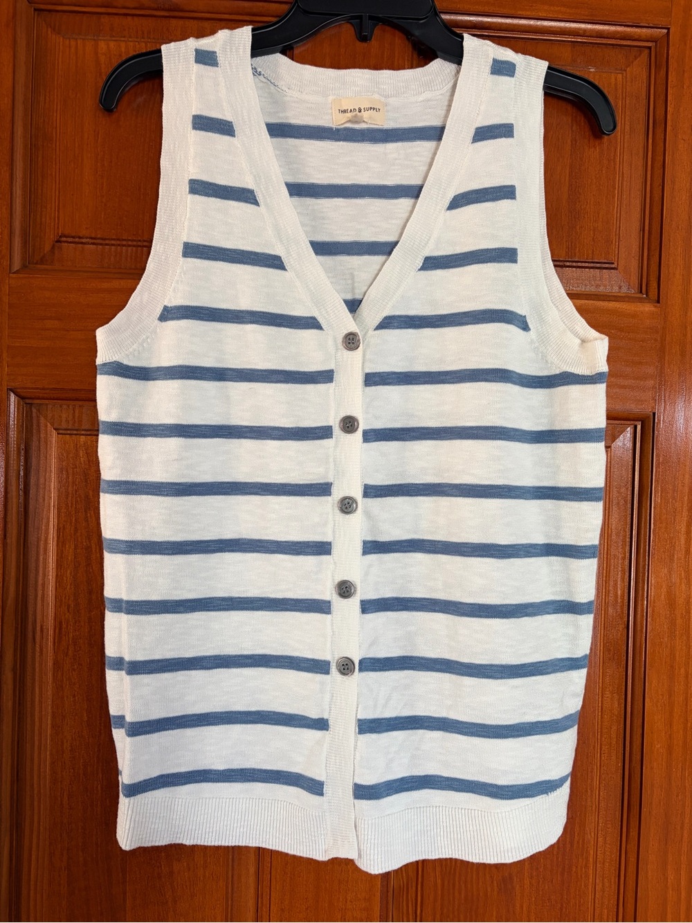 Thread & Supply White and Blue Striped Button-Front Knit Vest
